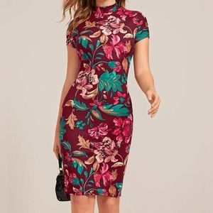 Shein Clasi Maroon Floral Print Mock Neck Bodycon Dress, Size S(4)